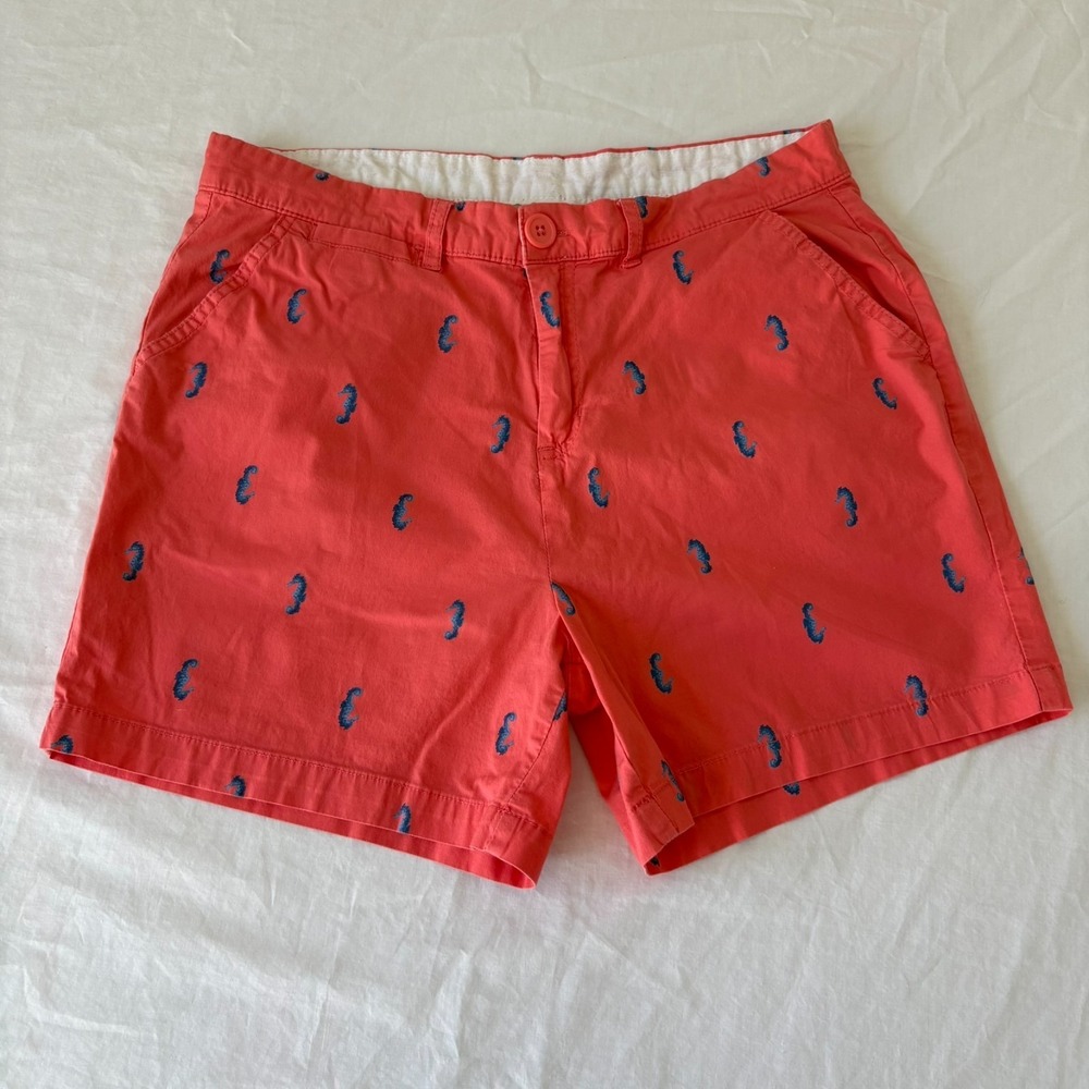 Fresh Womens Red High Rise Flat Front Seahorse Print Comfort Chino Shorts Sz 10‎